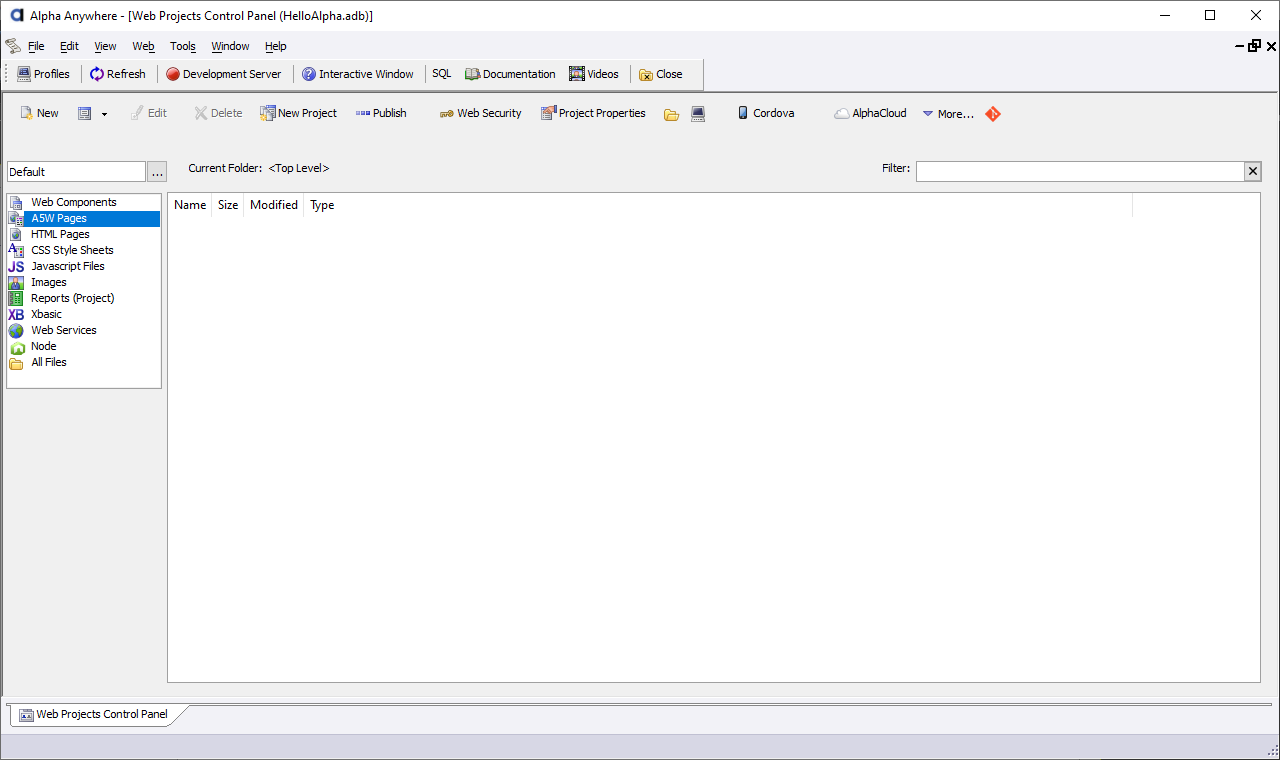 A new, blank Alpha Anywhere workspace.